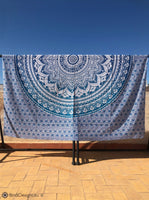 Extra Large Cotton Throw with Blue Mandala Pattern