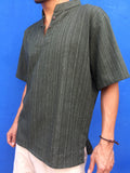 Short Sleeve Cotton Shirt in Olive with Pinstripe Pattern