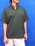 Short Sleeve Cotton Shirt in Olive with Pinstripe Pattern