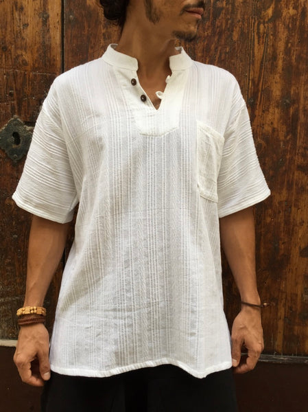 Short Sleeve Textured Cotton Shirt with Coconut Buttons