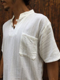 Short Sleeve Textured Cotton Shirt with Coconut Buttons