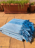 Extra Large Cotton Throw with tassels in Blue and white stripe pattern - Seconds