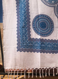 Extra Large Cotton Throw with tassels Blue Mandala Pattern