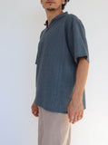 Grey Short Sleeve Cotton Shirt Line Pattern