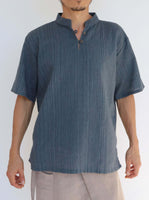 Grey Short Sleeve Cotton Shirt Line Pattern